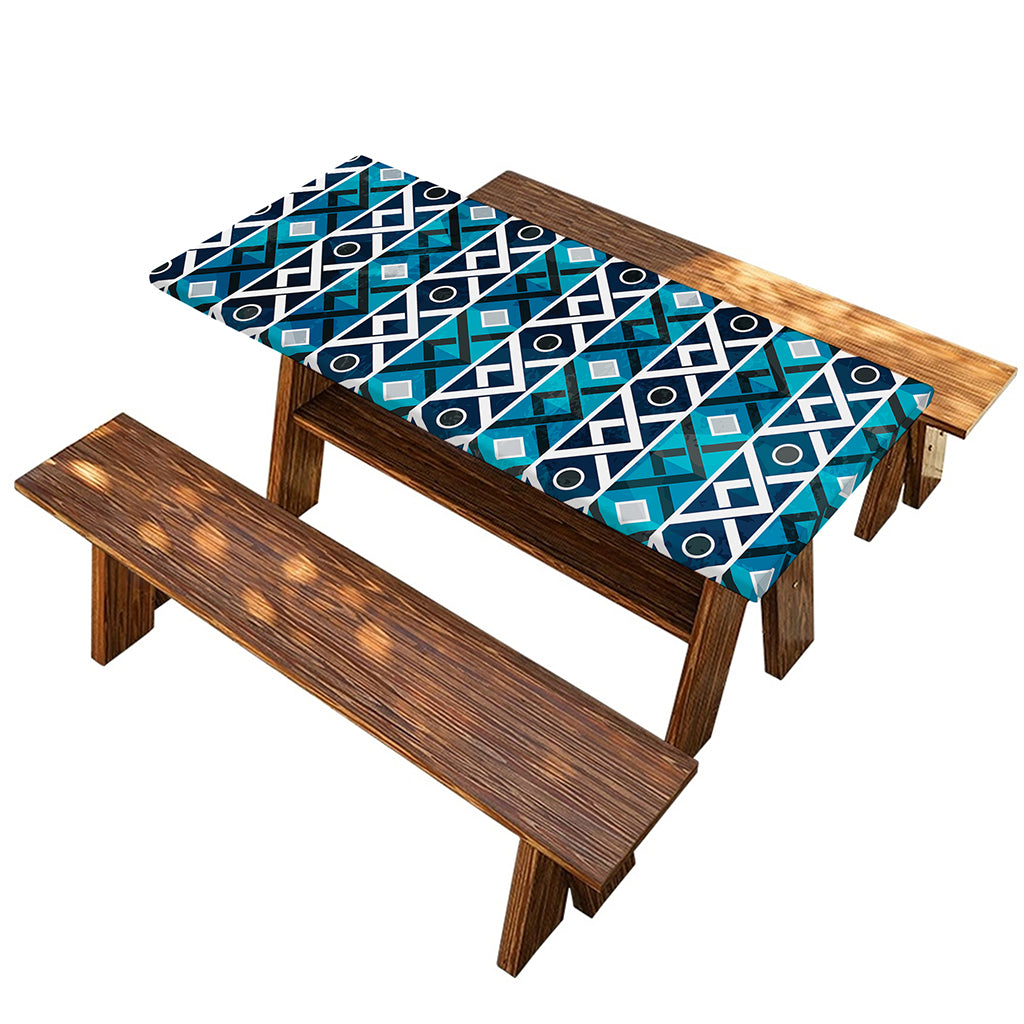 Turquoise Aztec Geometric Pattern Print Picnic Table Cover
