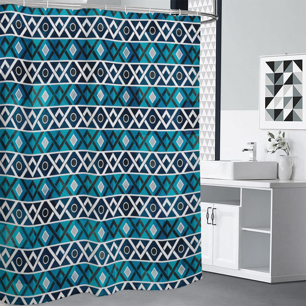 Turquoise Aztec Geometric Pattern Print Premium Shower Curtain