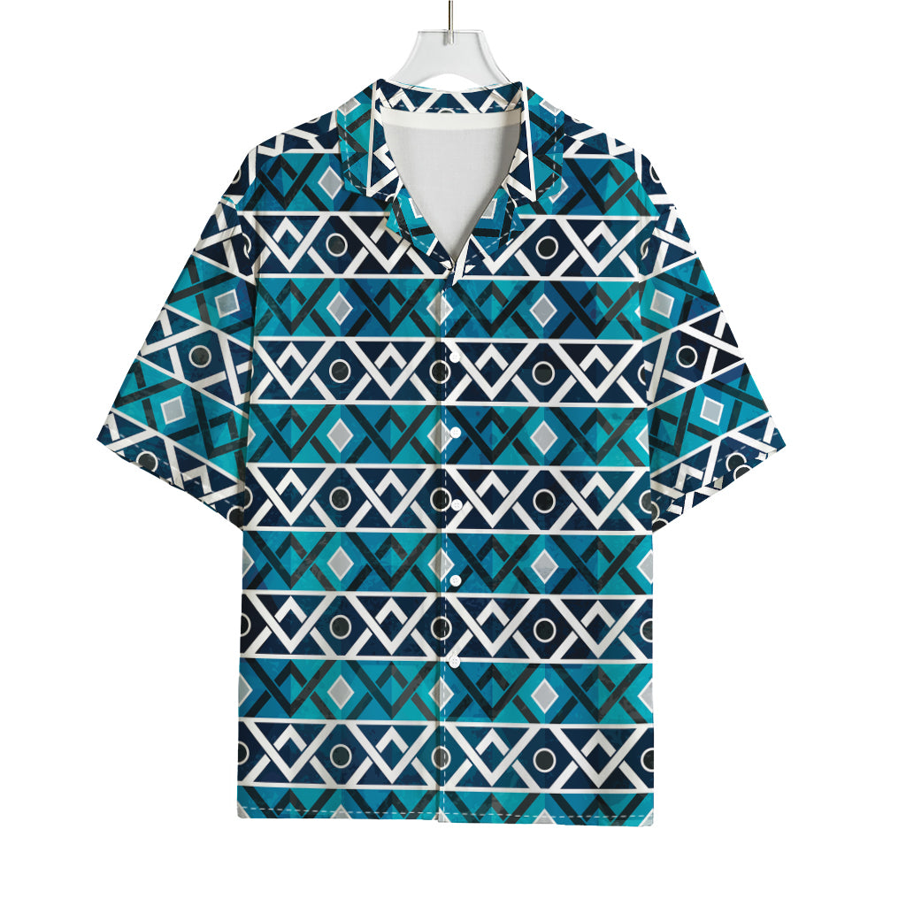 Turquoise Aztec Geometric Pattern Print Rayon Hawaiian Shirt