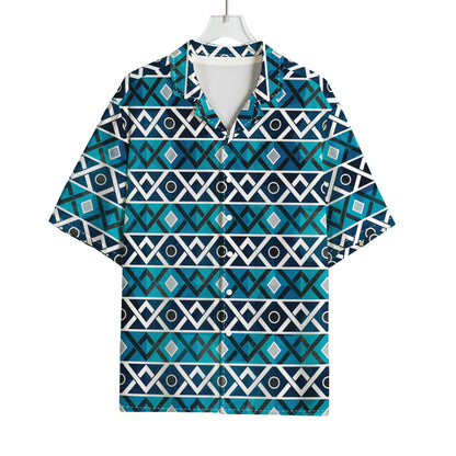 Turquoise Aztec Geometric Pattern Print Rayon Hawaiian Shirt