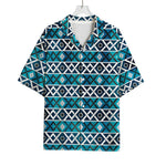 Turquoise Aztec Geometric Pattern Print Rayon Hawaiian Shirt