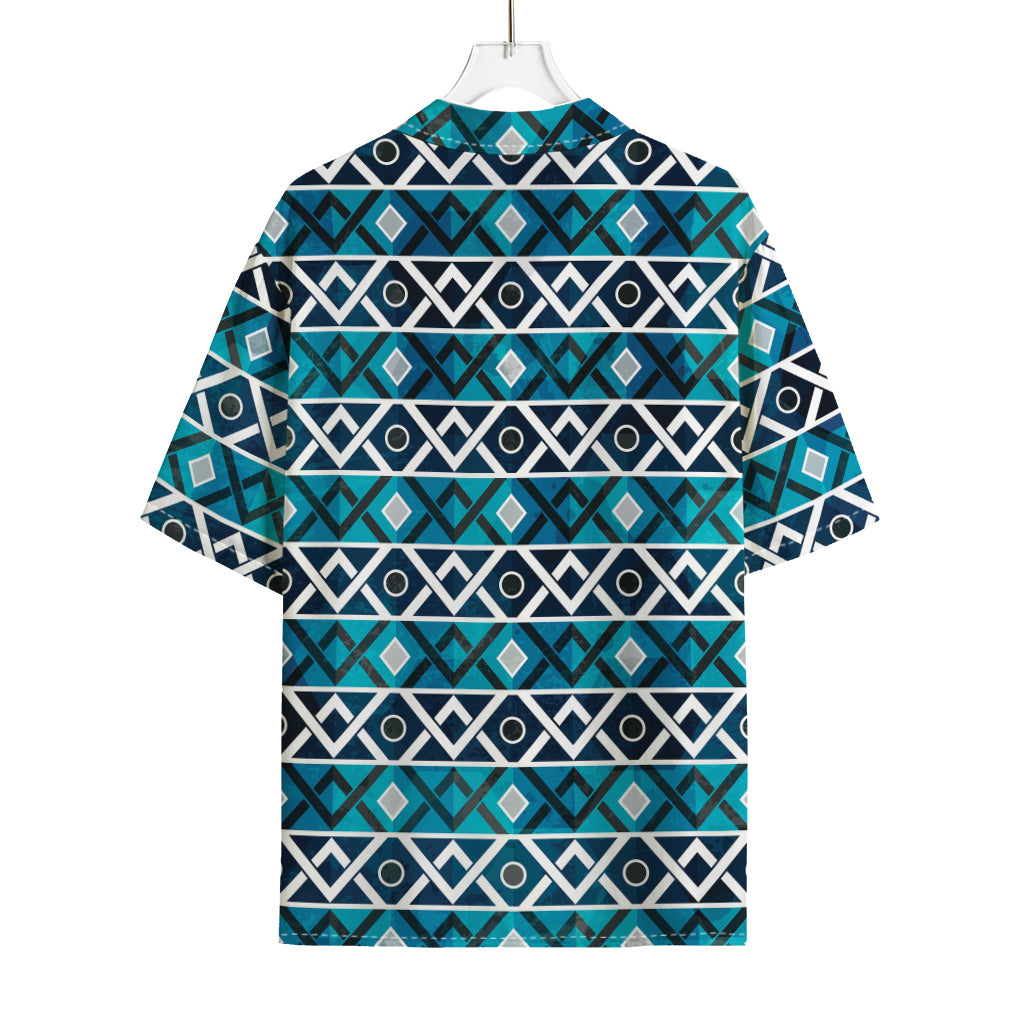 Turquoise Aztec Geometric Pattern Print Rayon Hawaiian Shirt