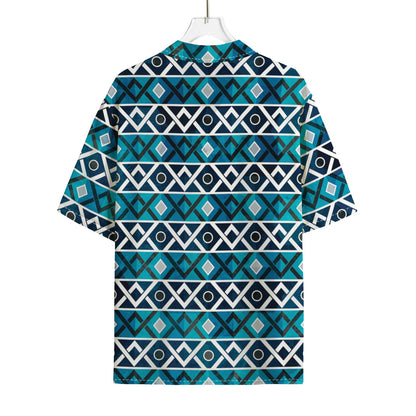 Turquoise Aztec Geometric Pattern Print Rayon Hawaiian Shirt