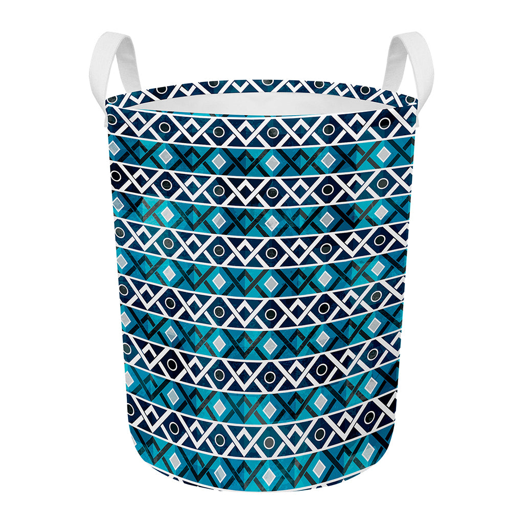 Turquoise Aztec Geometric Pattern Print Round Laundry Basket