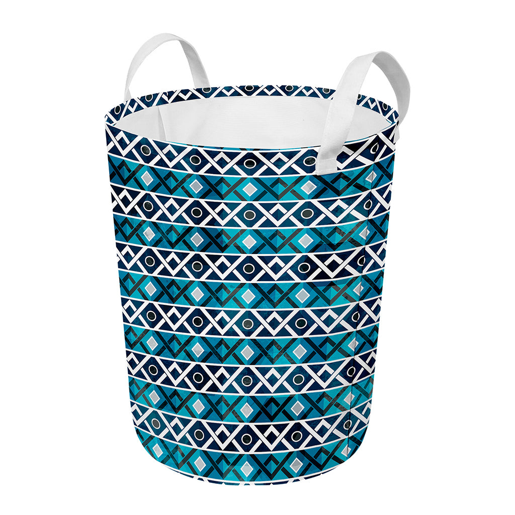 Turquoise Aztec Geometric Pattern Print Round Laundry Basket