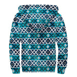 Turquoise Aztec Geometric Pattern Print Sherpa Lined Zip Up Hoodie