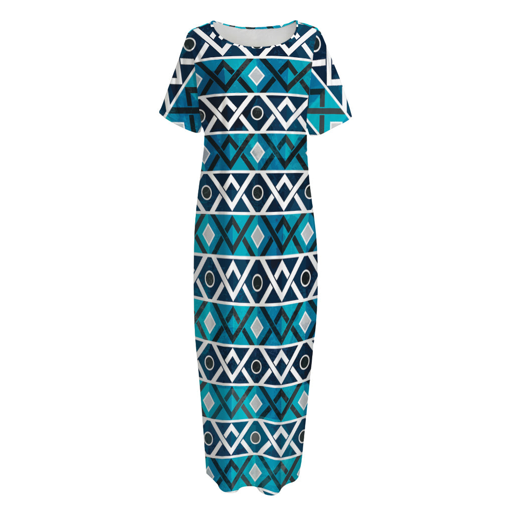 Turquoise Aztec Geometric Pattern Print Short Sleeve Long Nightdress