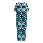 Turquoise Aztec Geometric Pattern Print Short Sleeve Long Nightdress