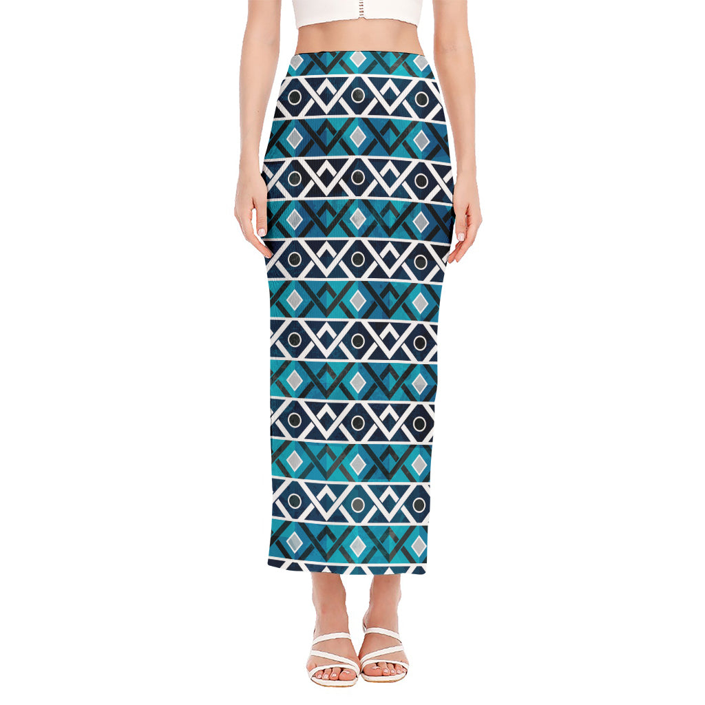 Turquoise Aztec Geometric Pattern Print Side Slit Maxi Skirt