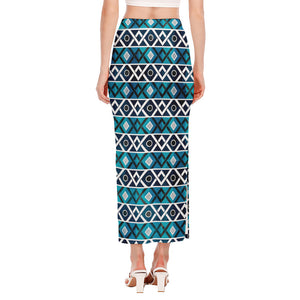 Turquoise Aztec Geometric Pattern Print Side Slit Maxi Skirt