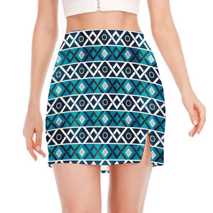 Turquoise Aztec Geometric Pattern Print Side Slit Mini Skirt