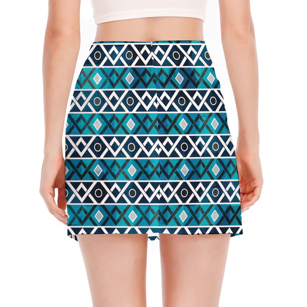 Turquoise Aztec Geometric Pattern Print Side Slit Mini Skirt