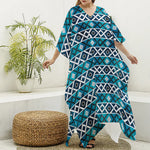 Turquoise Aztec Geometric Pattern Print Silk V-Neck Kaftan Dress