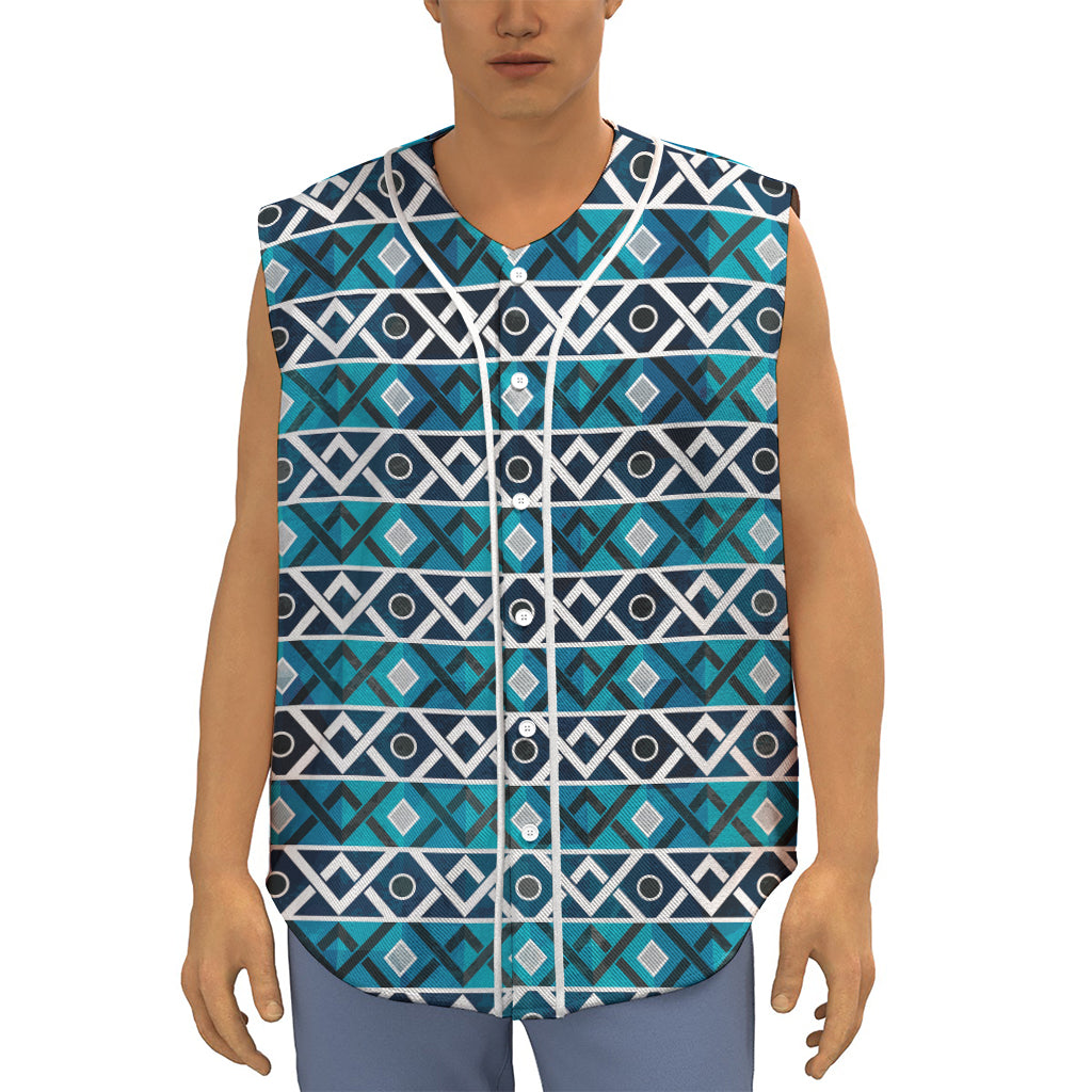 Turquoise Aztec Geometric Pattern Print Sleeveless Baseball Jersey