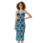 Turquoise Aztec Geometric Pattern Print Slim Fit Midi Cami Dress