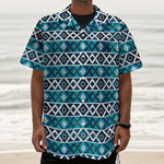 Turquoise Aztec Geometric Pattern Print Textured Short Sleeve Shirt
