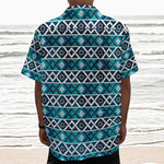 Turquoise Aztec Geometric Pattern Print Textured Short Sleeve Shirt
