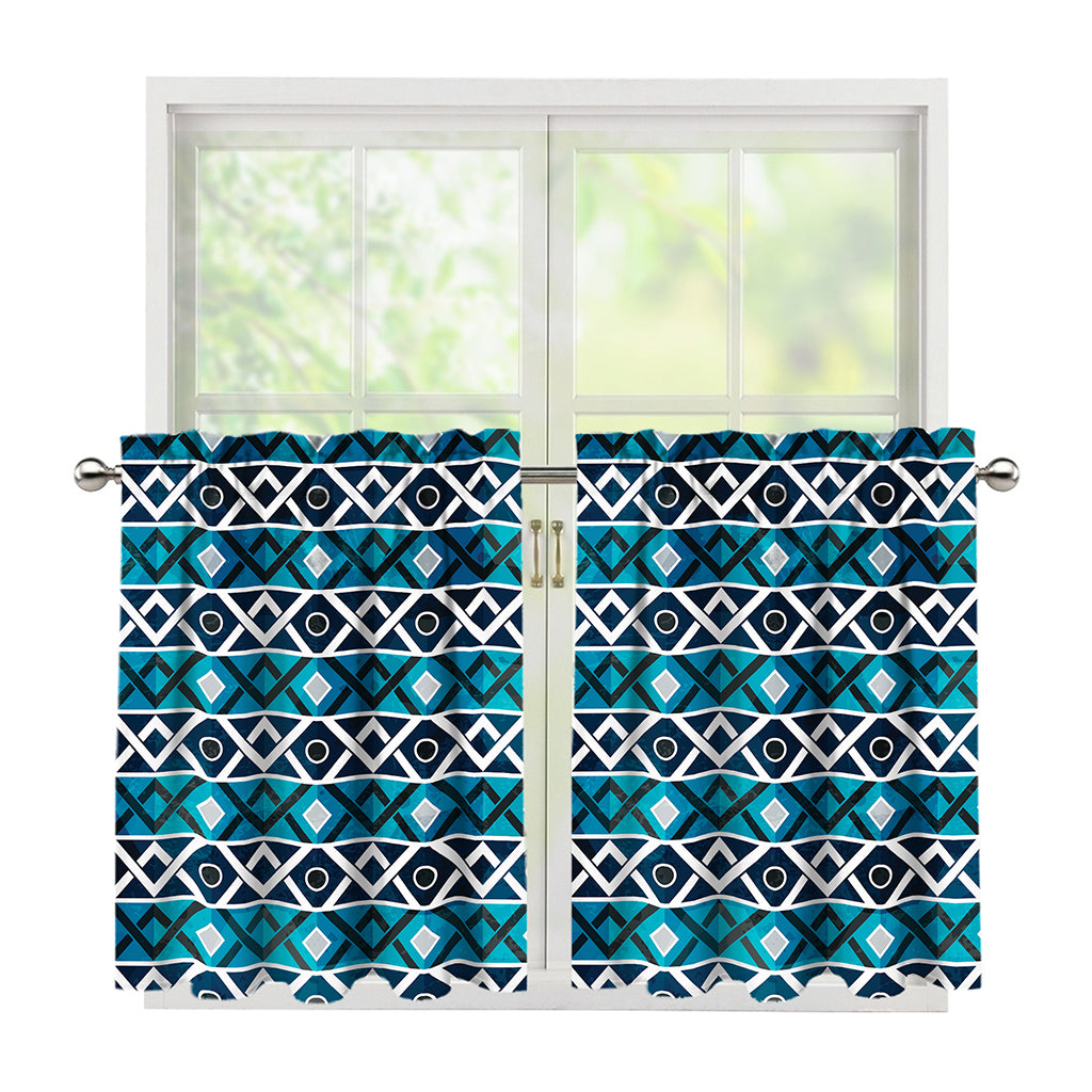 Turquoise Aztec Geometric Pattern Print Tier Curtains