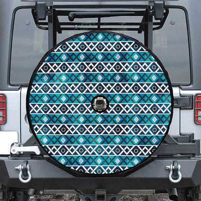 Turquoise Aztec Geometric Pattern Print Tire Cover With Camera Hole