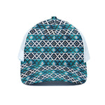 Turquoise Aztec Geometric Pattern Print White Mesh Trucker Cap