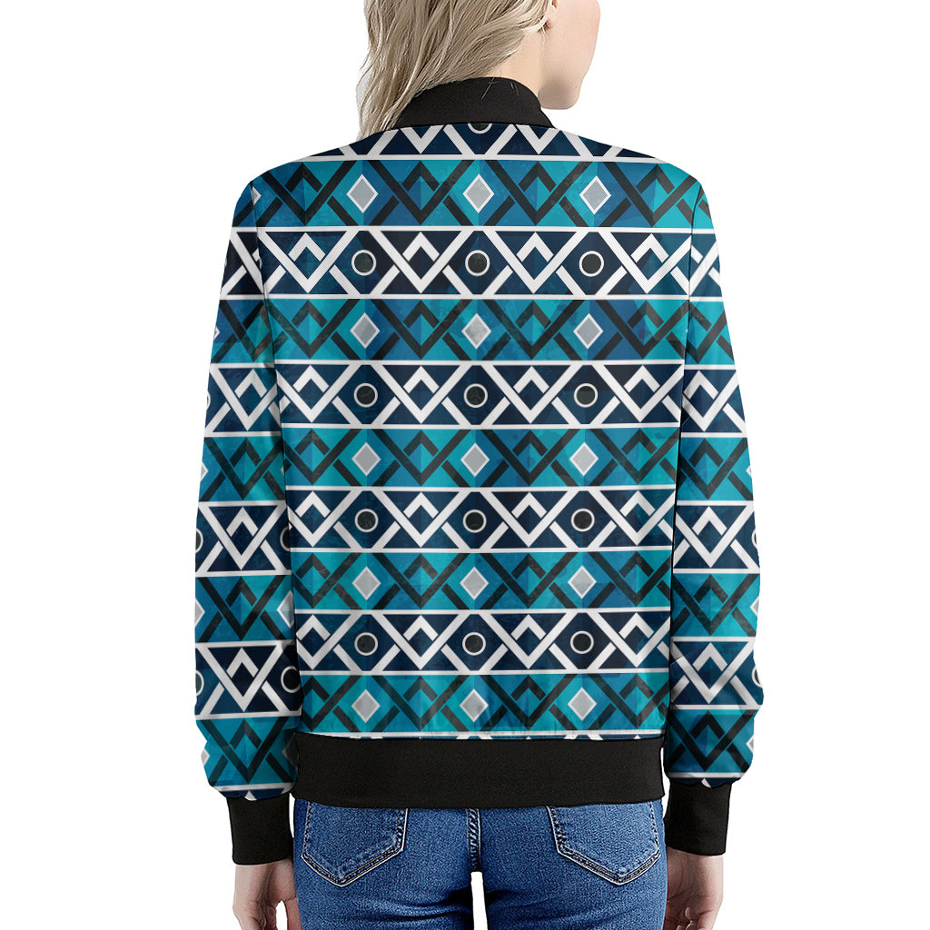Turquoise Aztec Geometric Pattern Print Women's Bomber Jacket