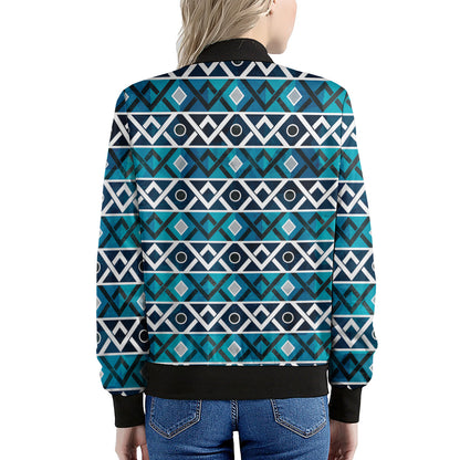 Turquoise Aztec Geometric Pattern Print Women's Bomber Jacket