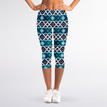 Turquoise Aztec Geometric Pattern Print Women's Capri Leggings