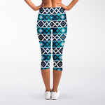 Turquoise Aztec Geometric Pattern Print Women's Capri Leggings