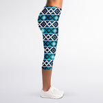 Turquoise Aztec Geometric Pattern Print Women's Capri Leggings