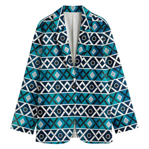 Turquoise Aztec Geometric Pattern Print Women's Cotton Blazer