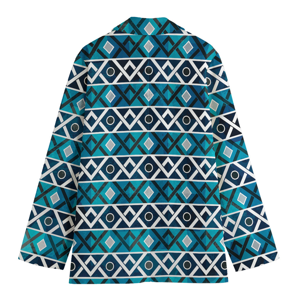 Turquoise Aztec Geometric Pattern Print Women's Cotton Blazer