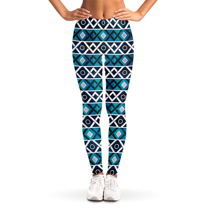 Turquoise Aztec Geometric Pattern Print Women's Leggings