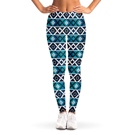 Turquoise Aztec Geometric Pattern Print Women's Leggings