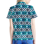 Turquoise Aztec Geometric Pattern Print Women's Polo Shirt