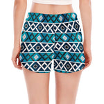 Turquoise Aztec Geometric Pattern Print Women's Split Running Shorts