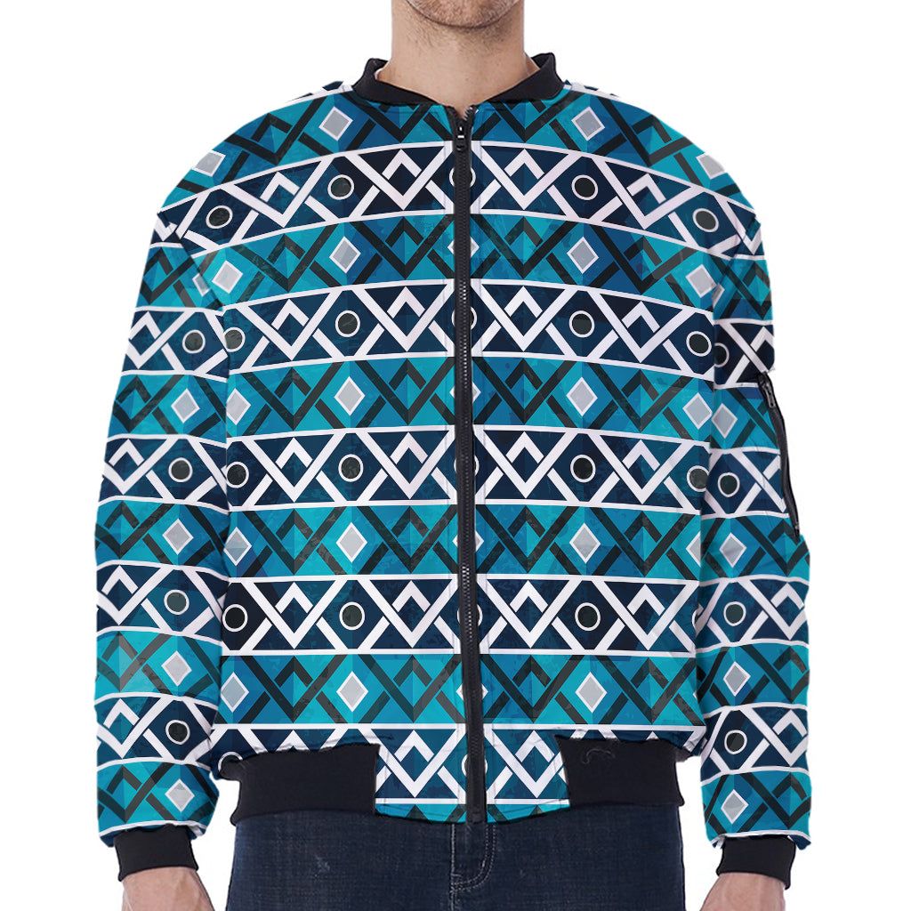 Turquoise Aztec Geometric Pattern Print Zip Sleeve Bomber Jacket