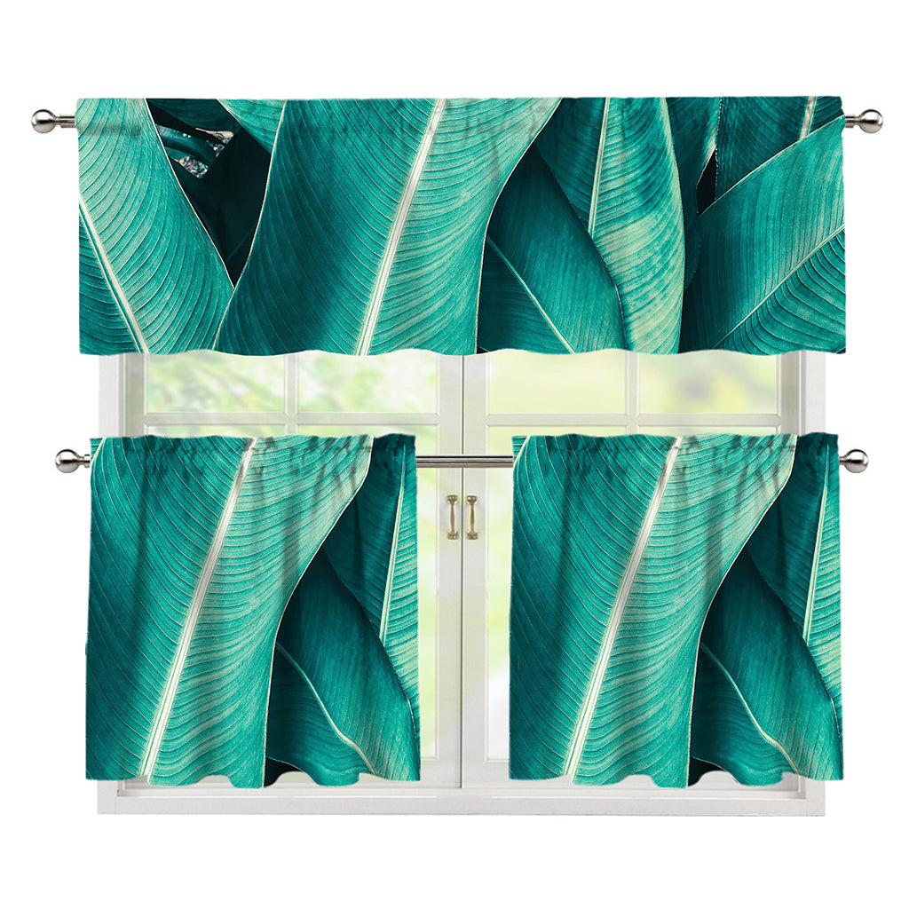 Turquoise Banana Leaf Print 3 Piece Kitchen Curtains