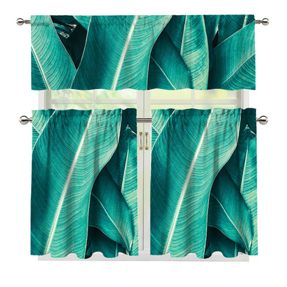 Turquoise Banana Leaf Print 3 Piece Kitchen Curtains