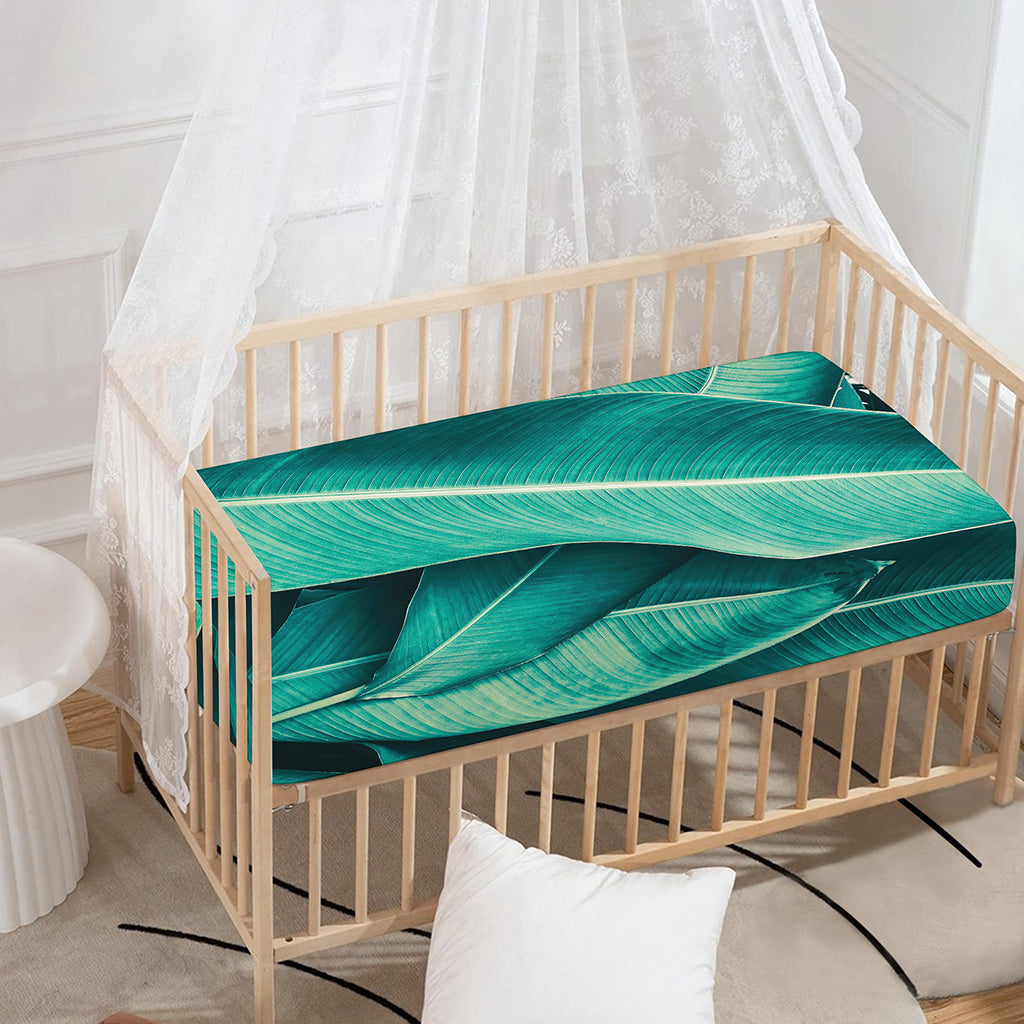 Turquoise Banana Leaf Print Baby Crib Sheet