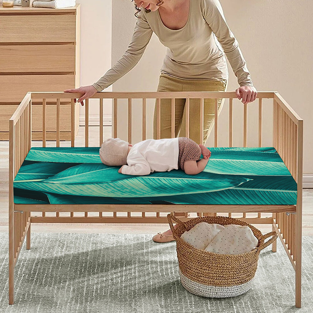Turquoise Banana Leaf Print Baby Crib Sheet