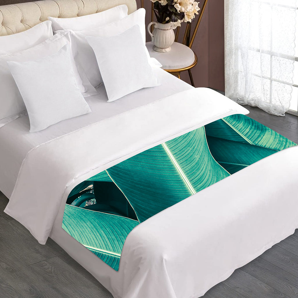 Turquoise Banana Leaf Print Bed Runner