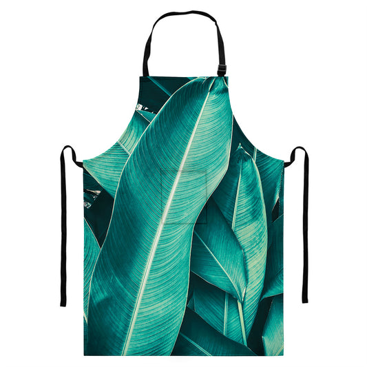 Turquoise Banana Leaf Print Bib Apron With Pocket