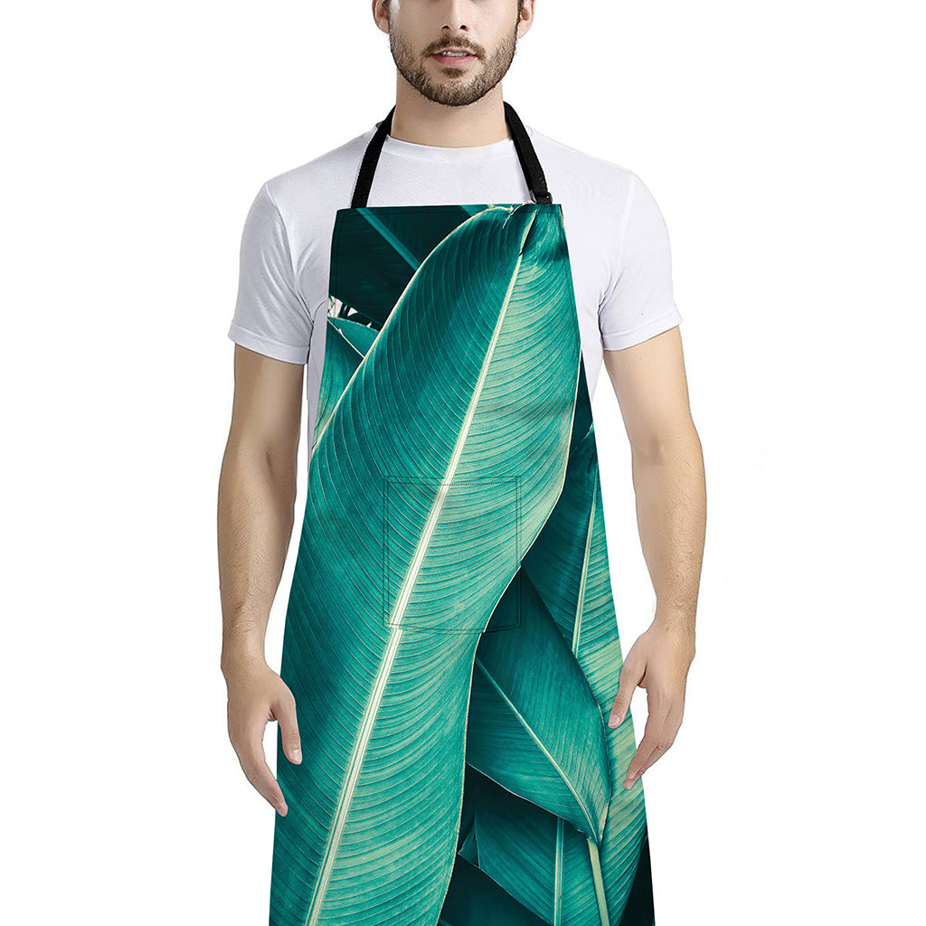 Turquoise Banana Leaf Print Bib Apron With Pocket