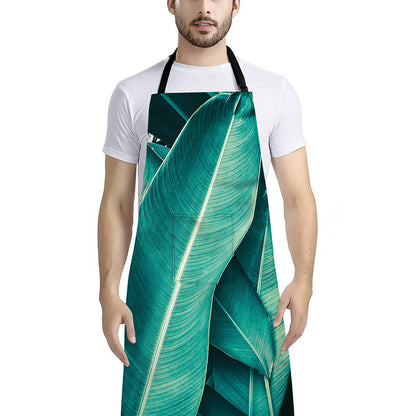 Turquoise Banana Leaf Print Bib Apron With Pocket