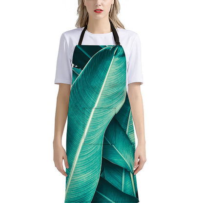Turquoise Banana Leaf Print Bib Apron With Pocket