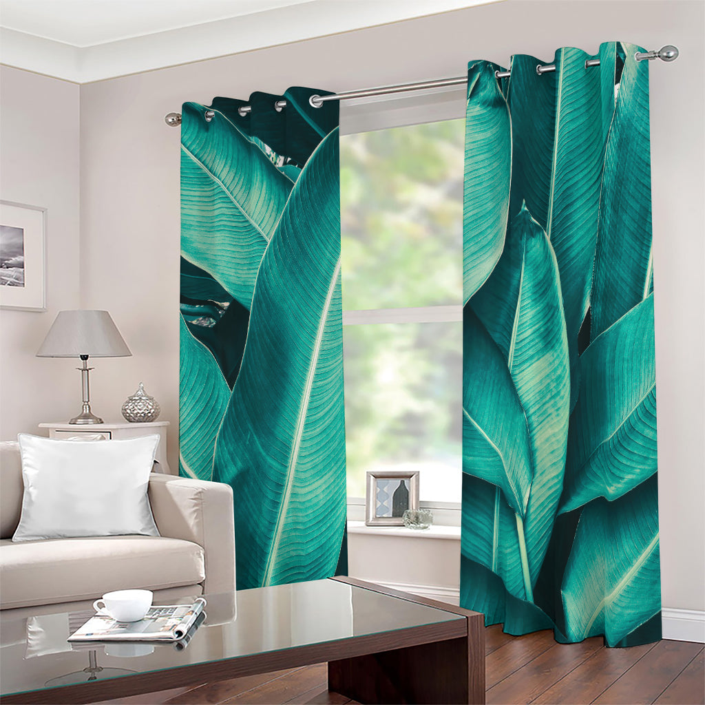 Turquoise Banana Leaf Print Blackout Grommet Curtains