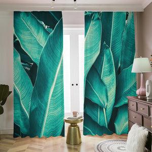 Turquoise Banana Leaf Print Blackout Pencil Pleat Curtains