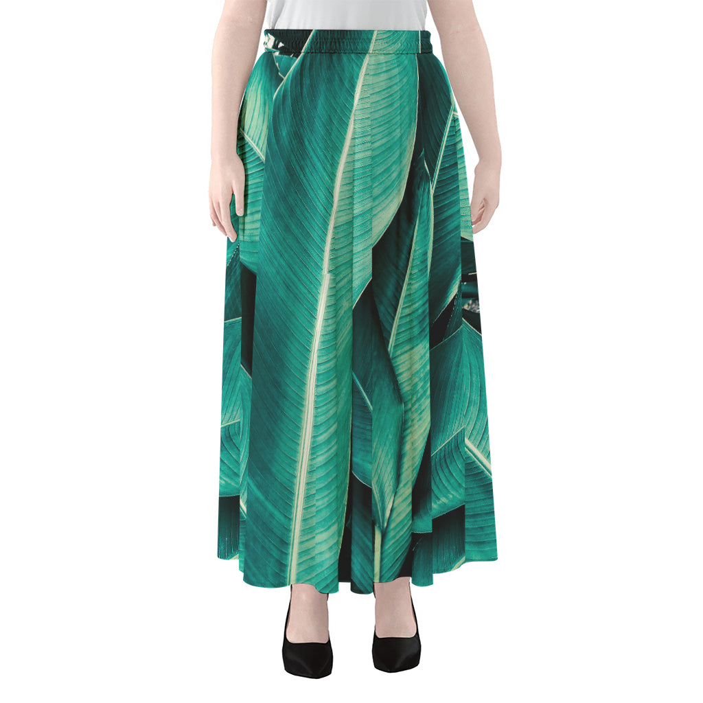 Turquoise Banana Leaf Print Chiffon Maxi Skirt