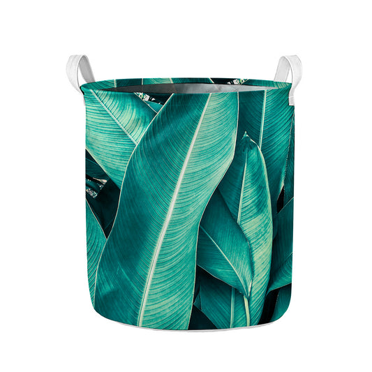 Turquoise Banana Leaf Print Collapsible Laundry Basket