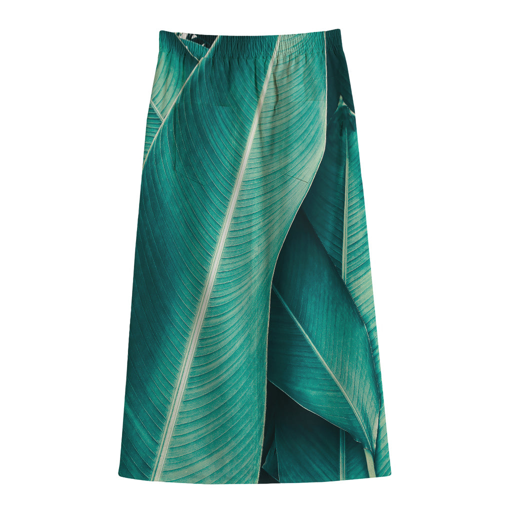 Turquoise Banana Leaf Print Cotton Front Slit Maxi Skirt